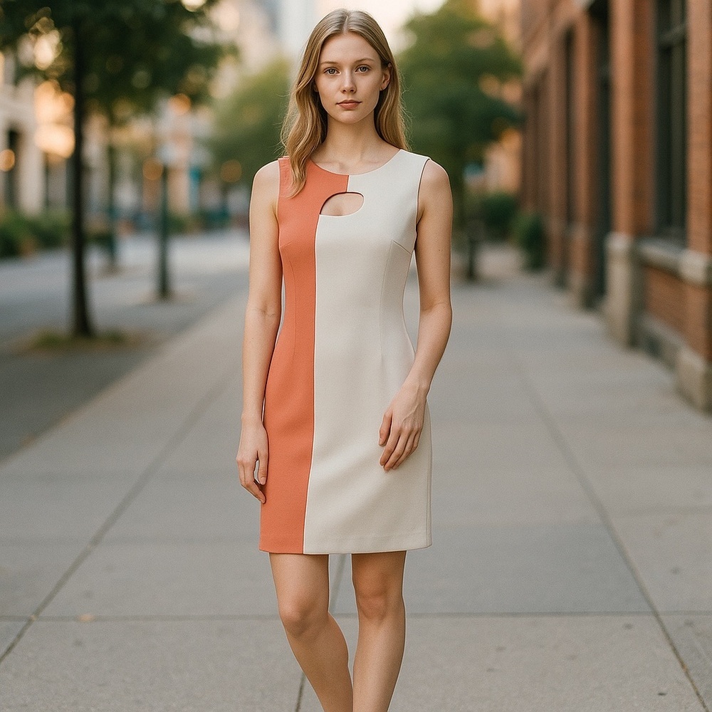 Calvin Klein Asymmetrical Sheath Dress in Cream and White